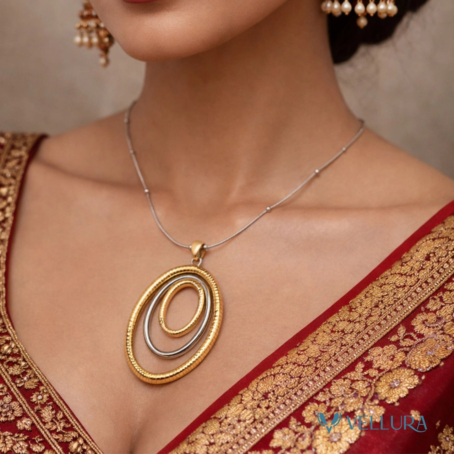 Dual Tone Oval Pendant Necklace