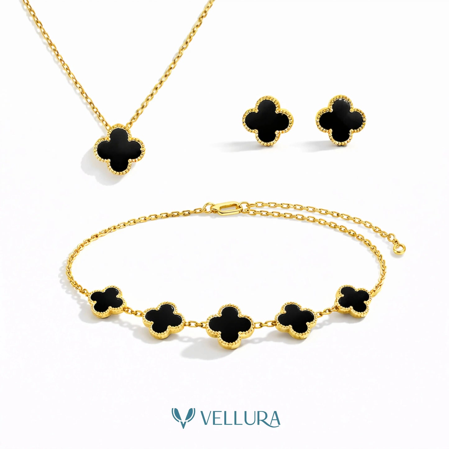 Black Quatrefoil Necklace Set-Necklace, Earrings and Bracelet