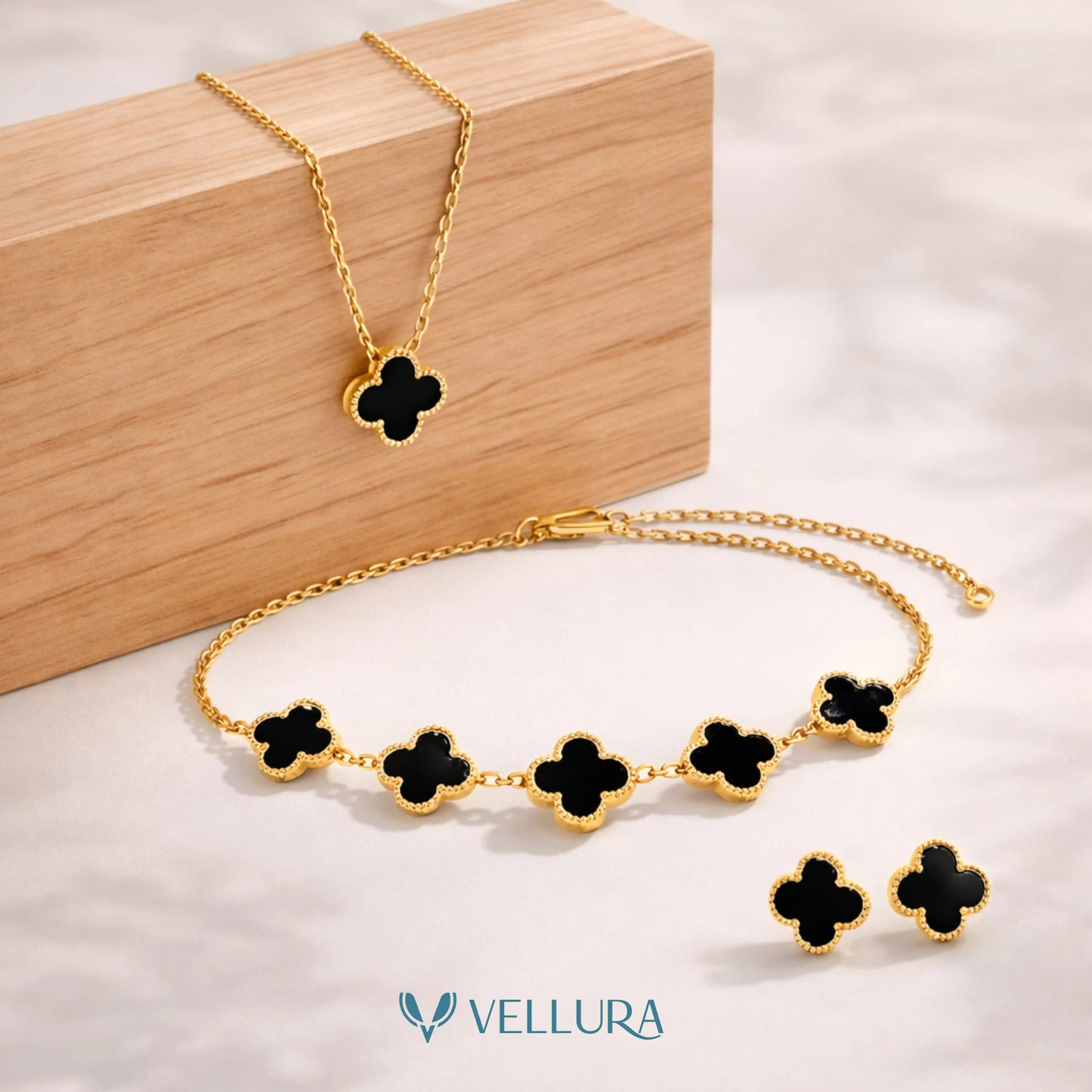 Black Quatrefoil Necklace Set-Necklace, Earrings and Bracelet
