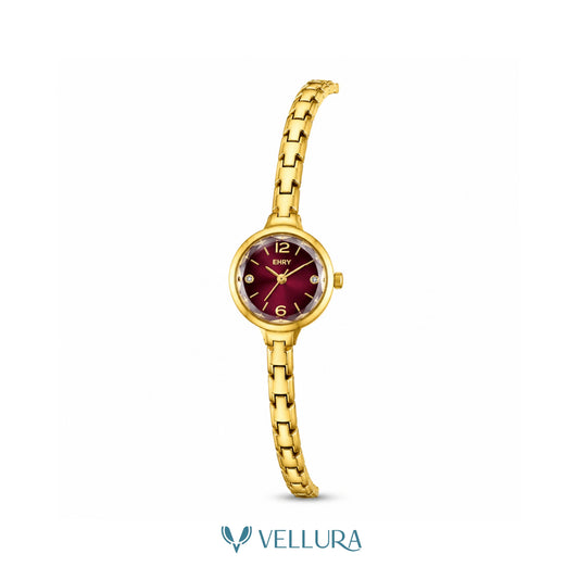 Gold Women's Watch with Burgundy Dial