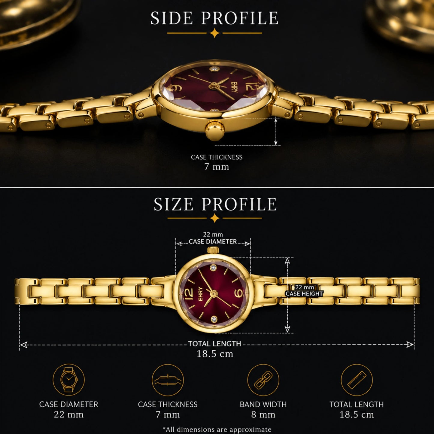 Gold Women's Watch with Burgundy Dial