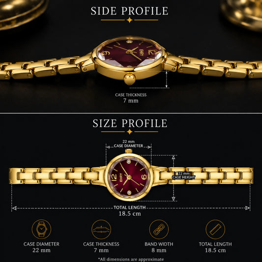 Gold Women's Watch with Burgundy Dial