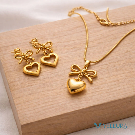 Gold Bow Heart Necklace & Earrings Set