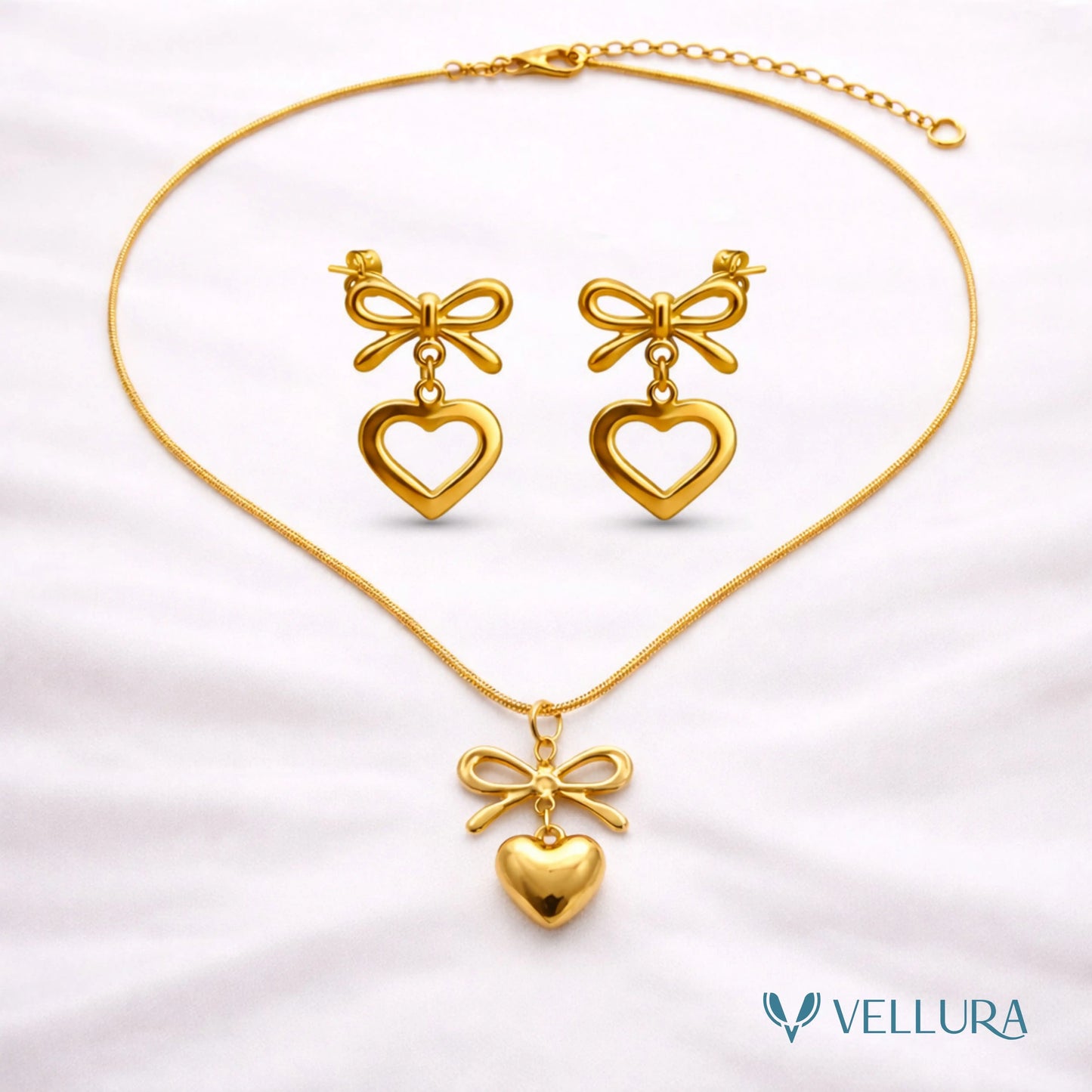 Gold Bow Heart Necklace & Earrings Set