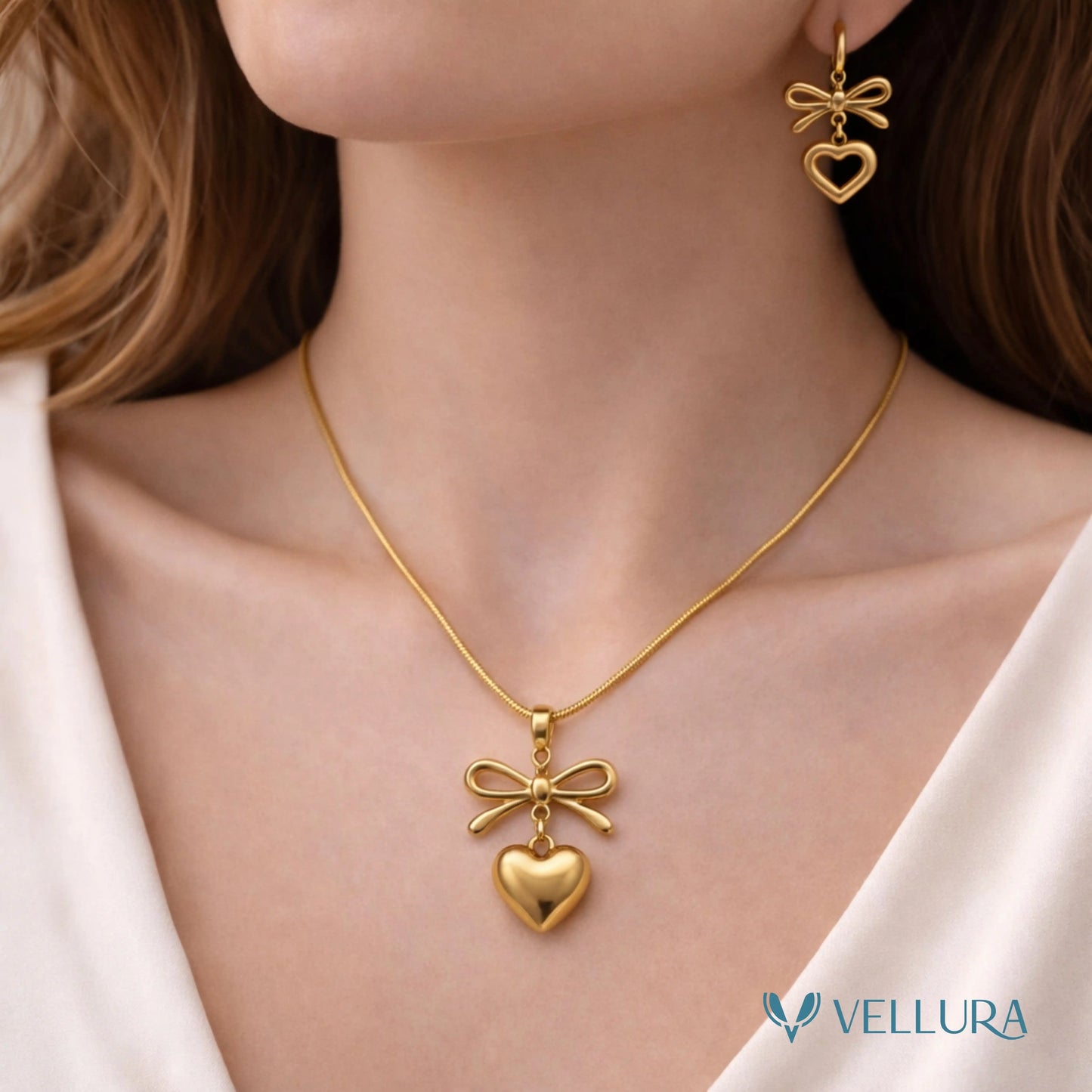 Gold Bow Heart Necklace & Earrings Set
