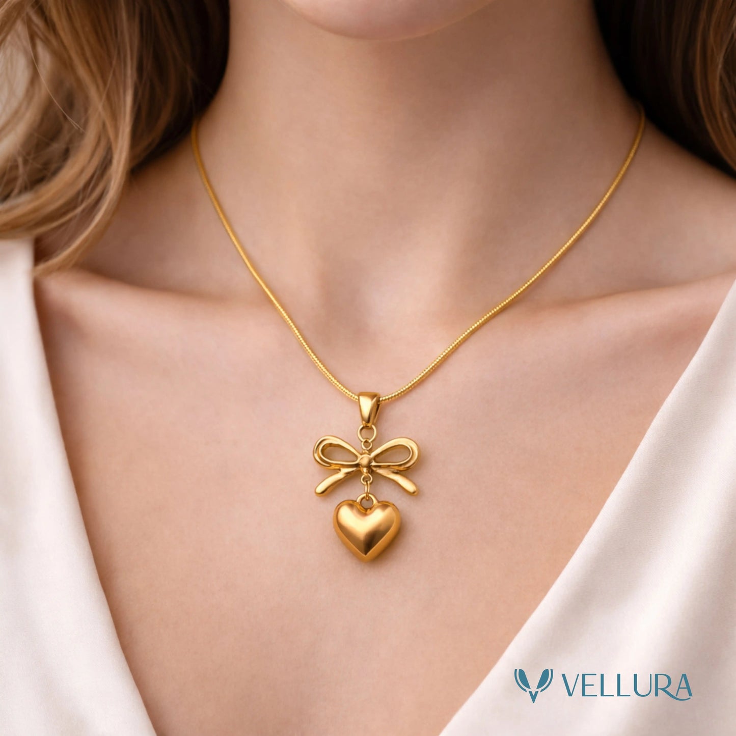 Gold Bow Heart Necklace & Earrings Set