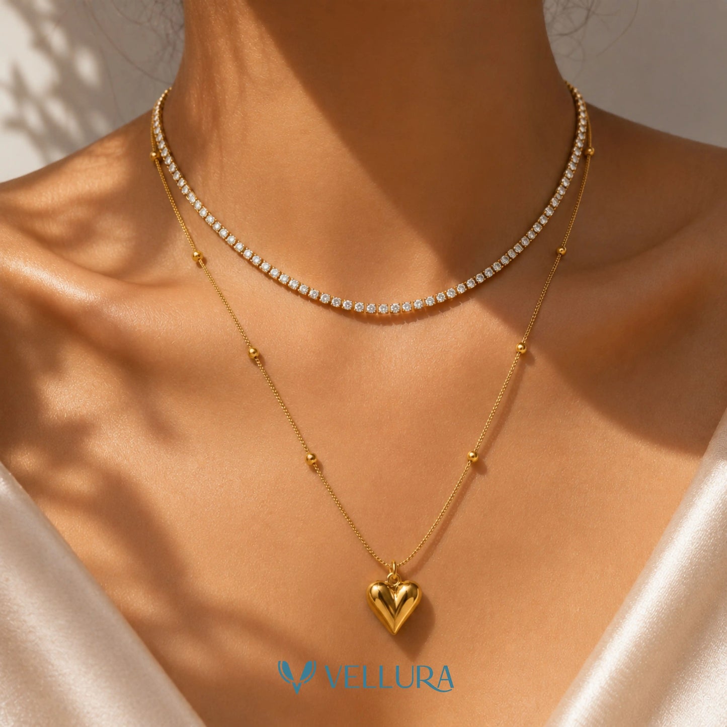 Layered Heart Pendant Necklace with Tennis chain
