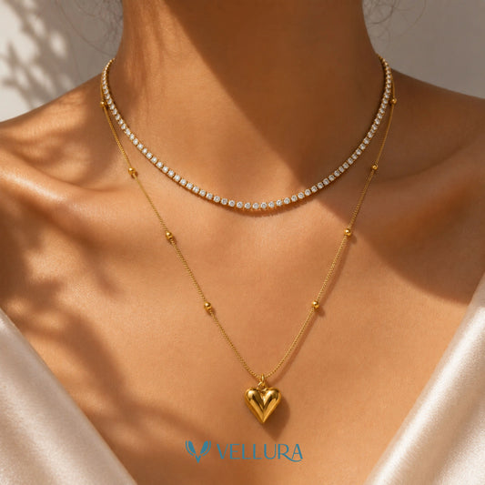 Layered Heart Pendant Necklace with Tennis chain