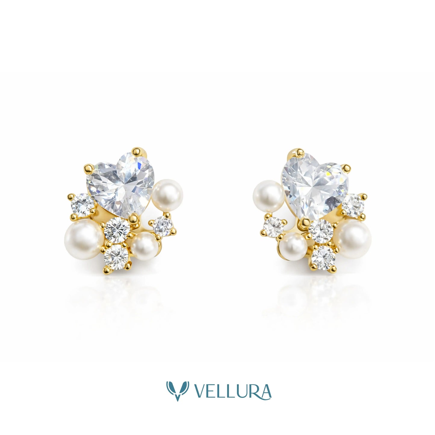 Heart Crystal & Pearl Stud Earrings