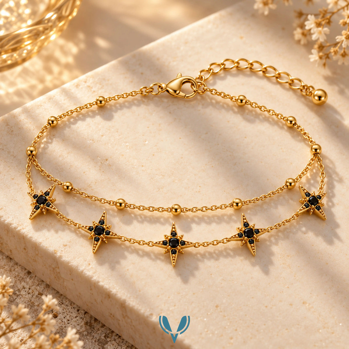 Gold Black Star Charm Layered Bracelet