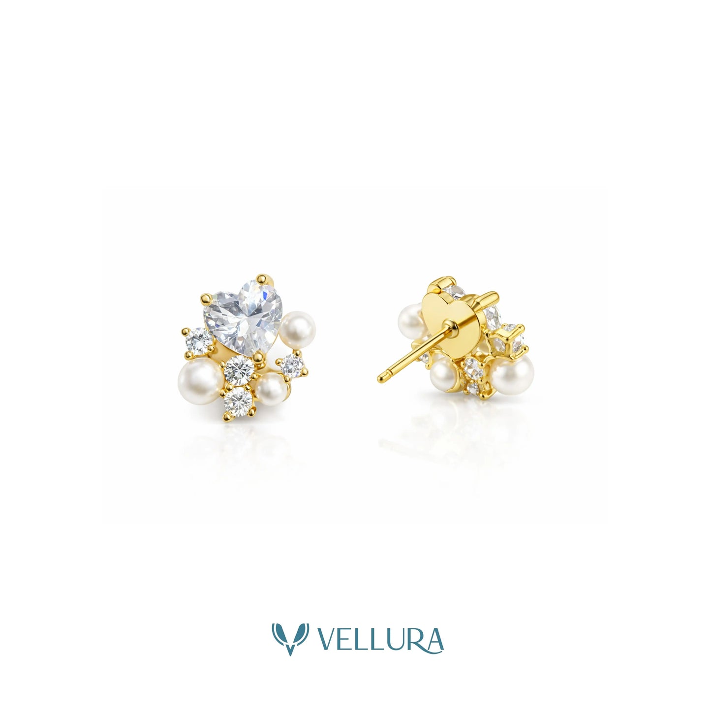 Heart Crystal & Pearl Stud Earrings