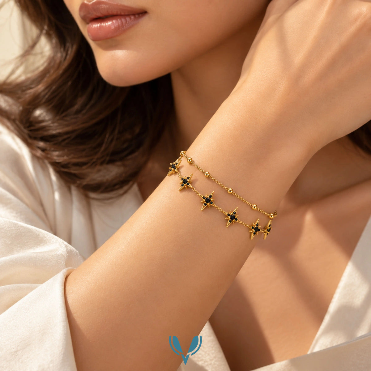 Gold Black Star Charm Layered Bracelet