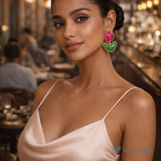 Pink & Green Floral Enamel Drop Earrings