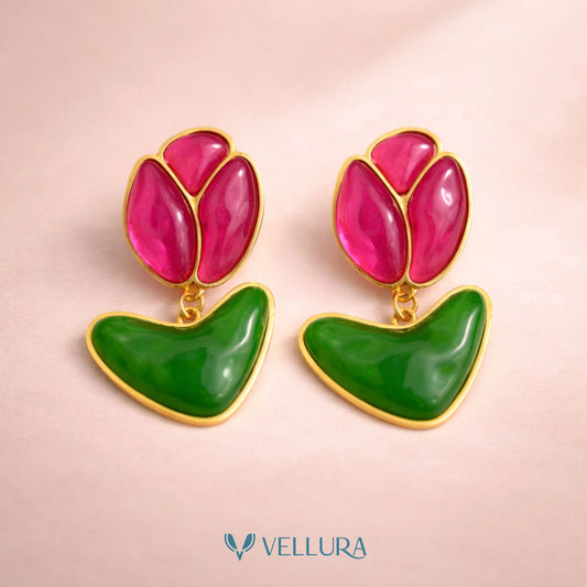 Pink & Green Floral Enamel Drop Earrings