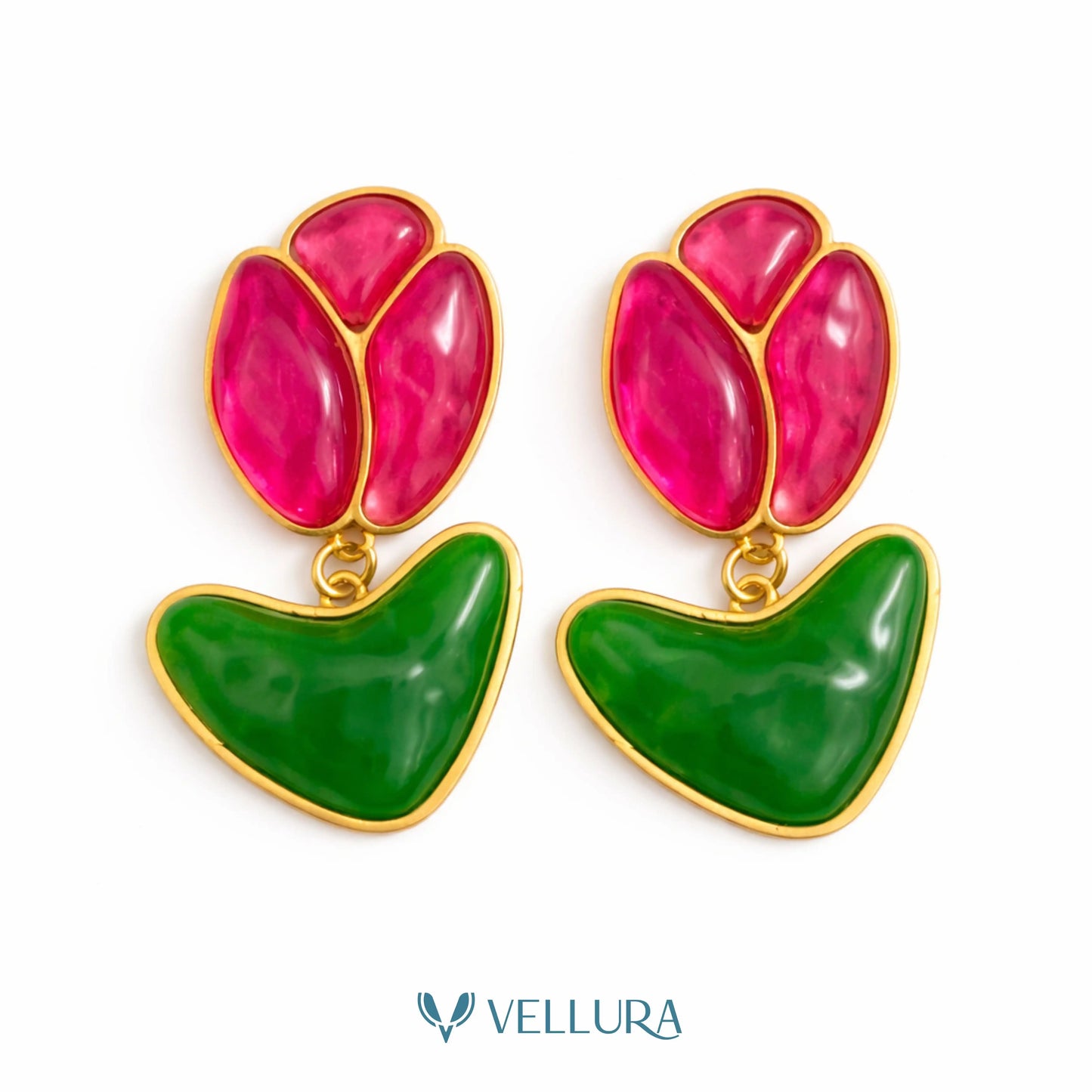 Pink & Green Floral Enamel Drop Earrings