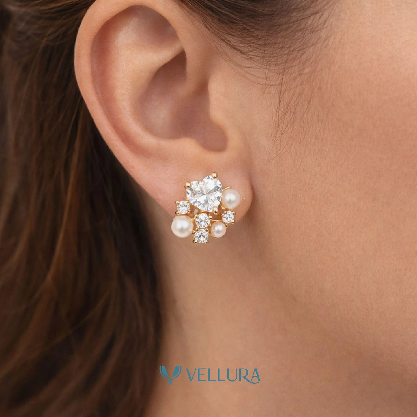 Heart Crystal & Pearl Stud Earrings