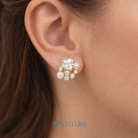 Heart Crystal & Pearl Stud Earrings