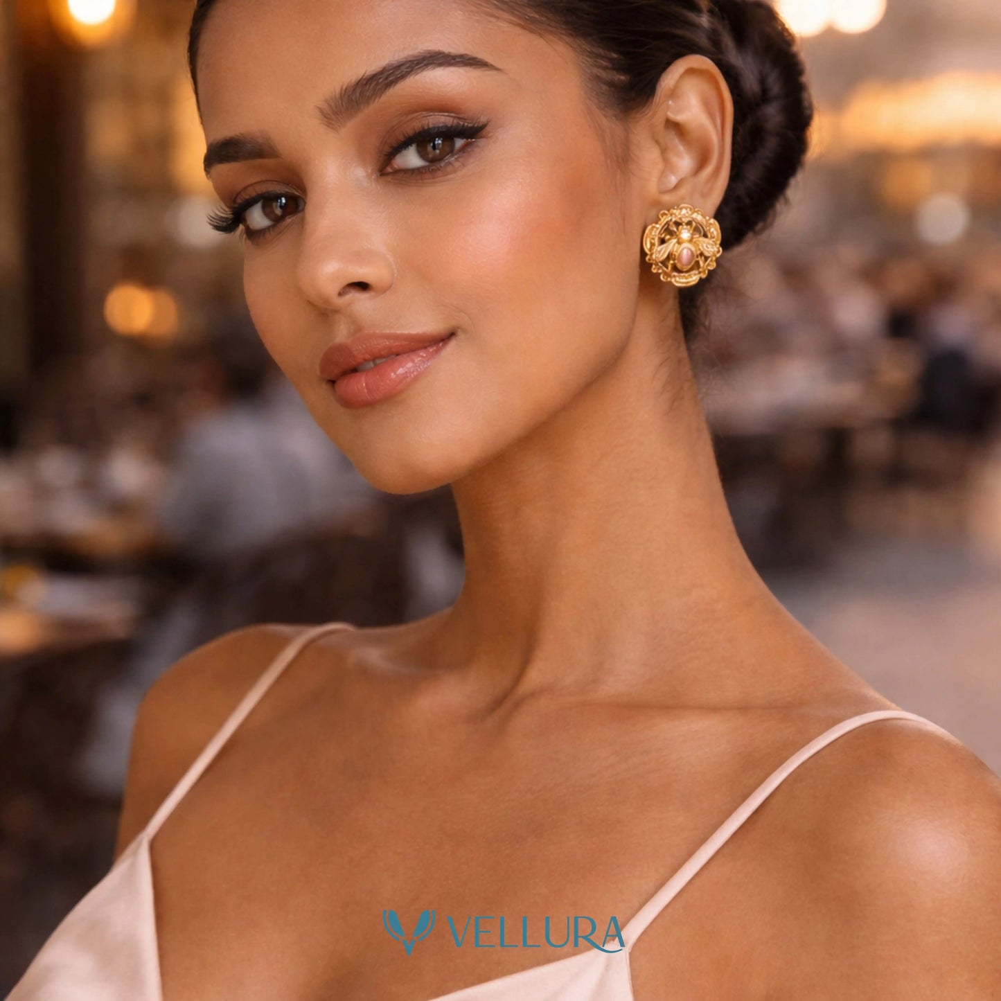 Gold Bee Motif Statement Stud Earrings