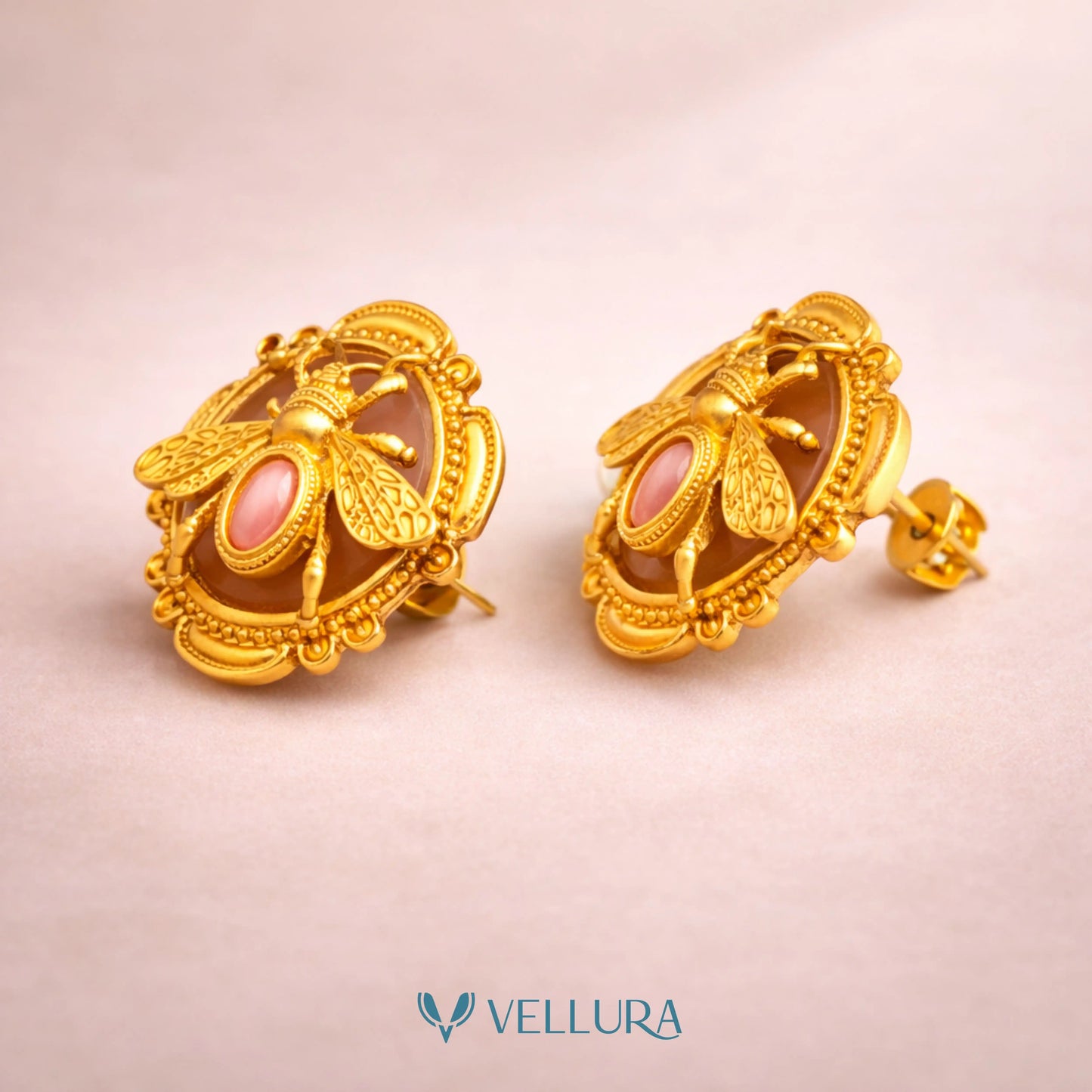 Gold Bee Motif Statement Stud Earrings