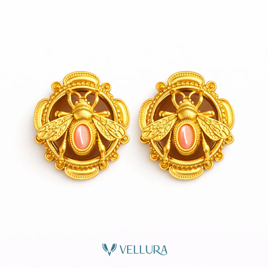 Gold Bee Motif Statement Stud Earrings