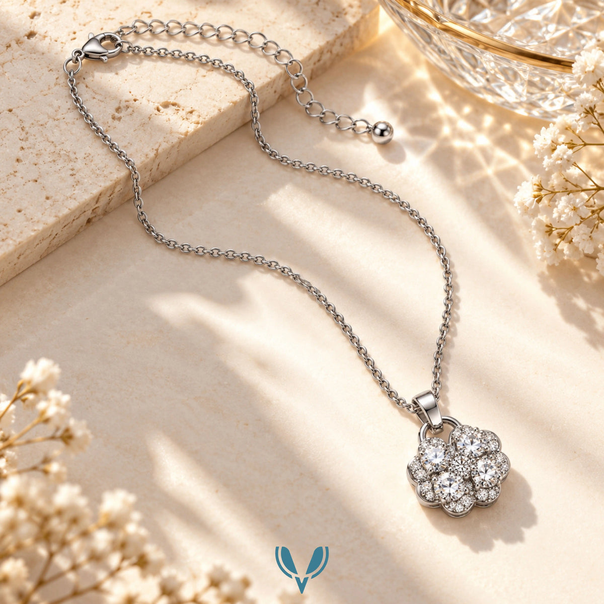 Silver Four Leaf Clover CZ Necklace
