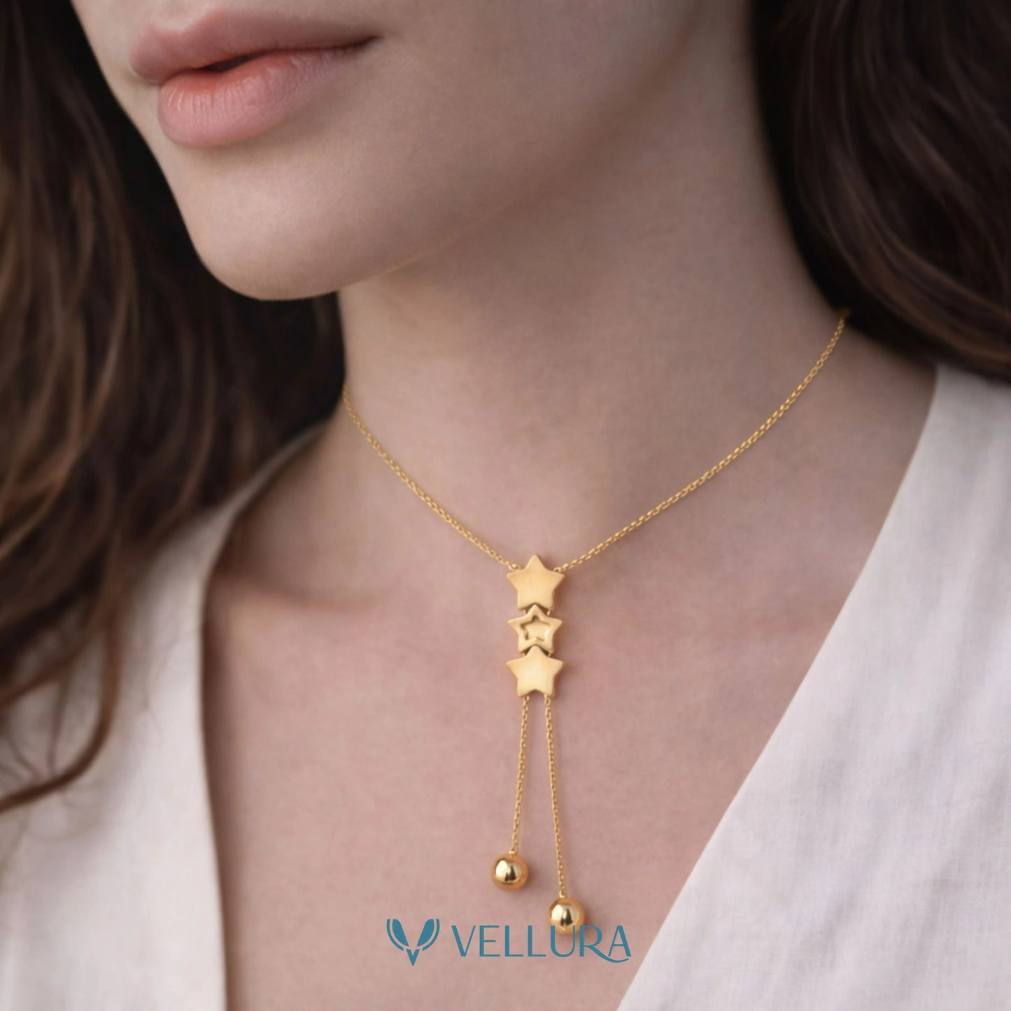 Triple Star Drop Gold Necklace