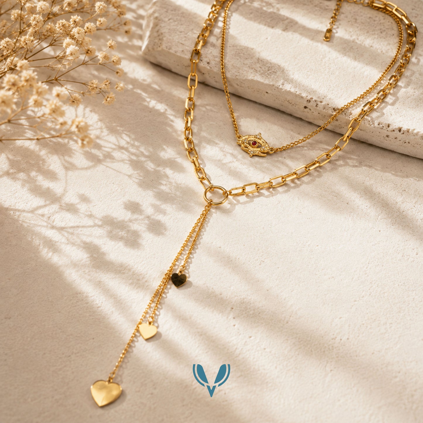 Long Drop Layered Heart Necklace