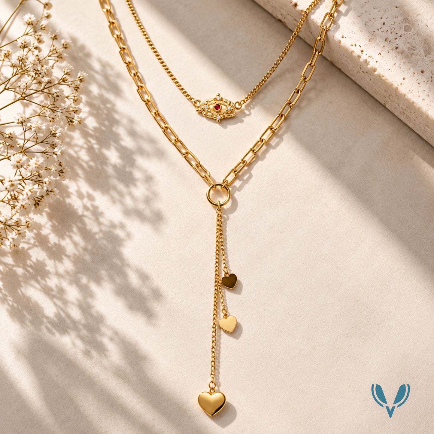 Long Drop Layered Heart Necklace