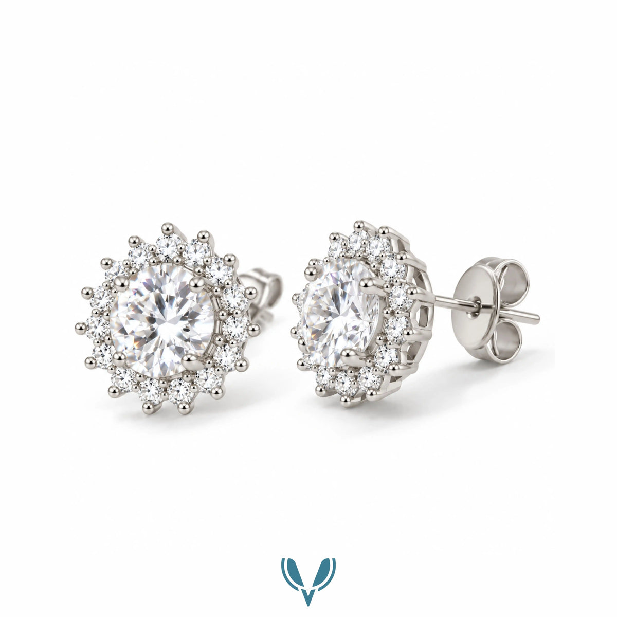 Silver Round Halo CZ Stud Earrings