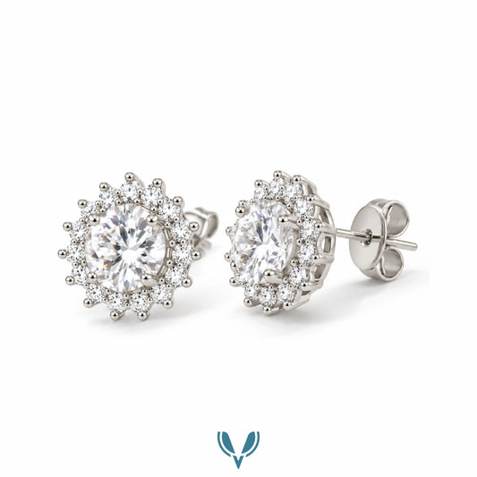Silver Round Halo CZ Stud Earrings