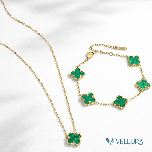 Green Quatrefoil Necklace Set-Necklace and Bracelet