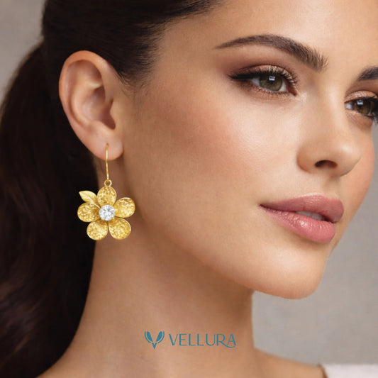 Gold Floral Drop Earrings with Crystal