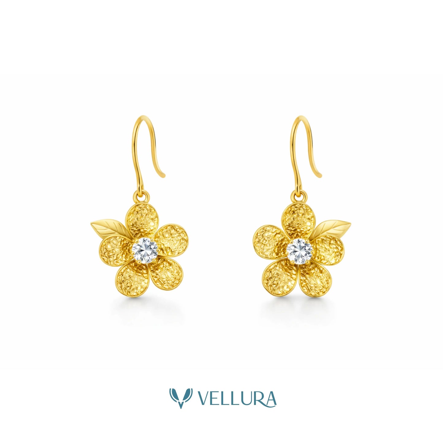 Gold Floral Drop Earrings with Crystal