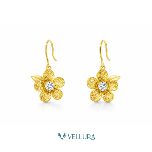 Gold Floral Drop Earrings with Crystal