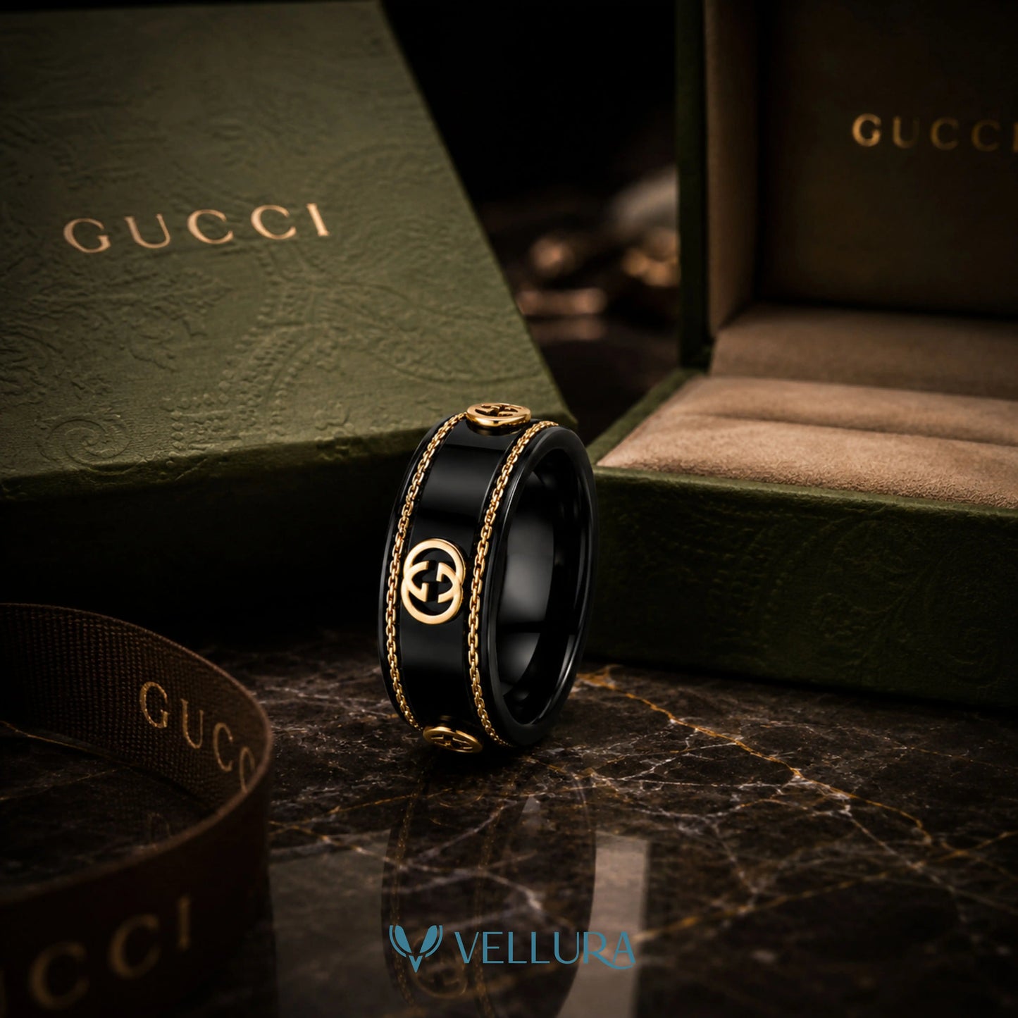 Black & Gold Chain Detail Ring-Gucci Inspired