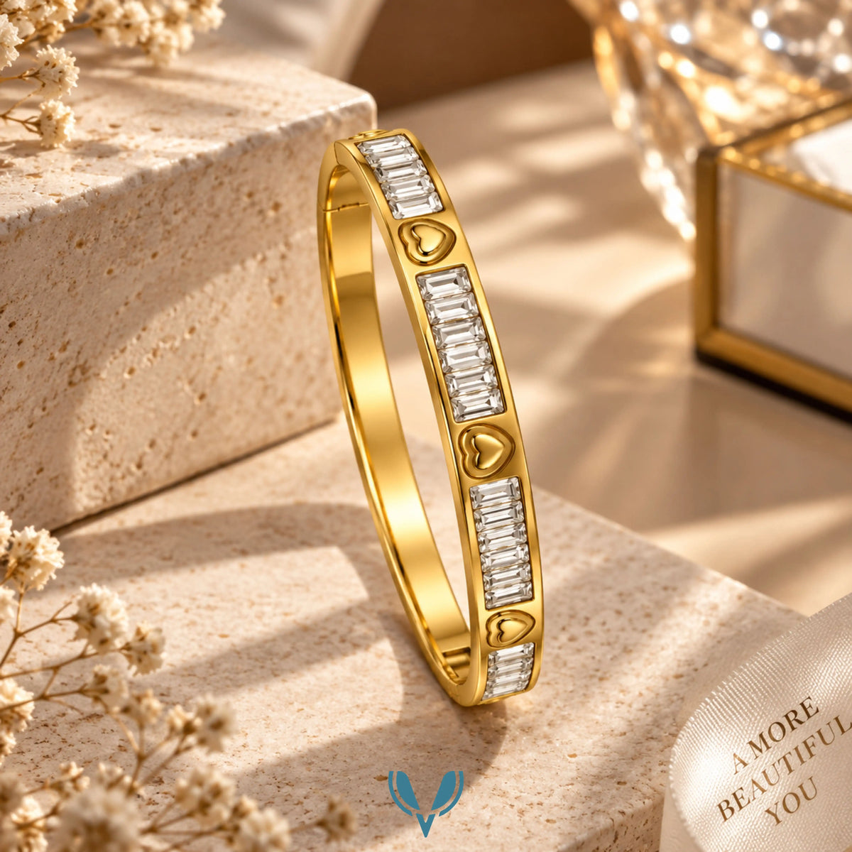Heart Baguette CZ Bangle Bracelet
