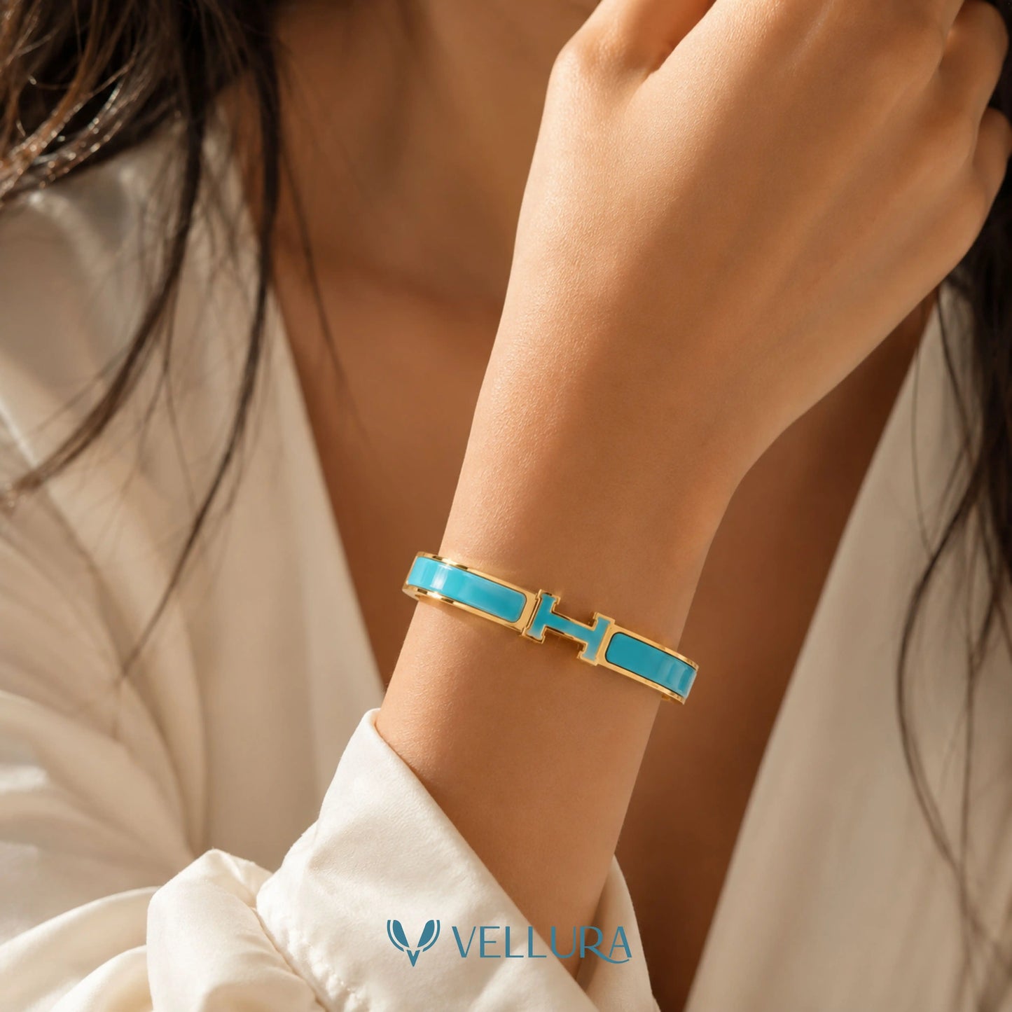 Turquoise Enamel H Cuff Bracelet