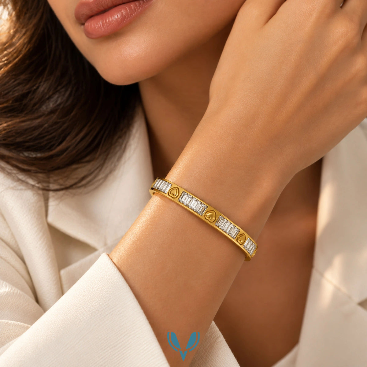 Heart Baguette CZ Bangle Bracelet