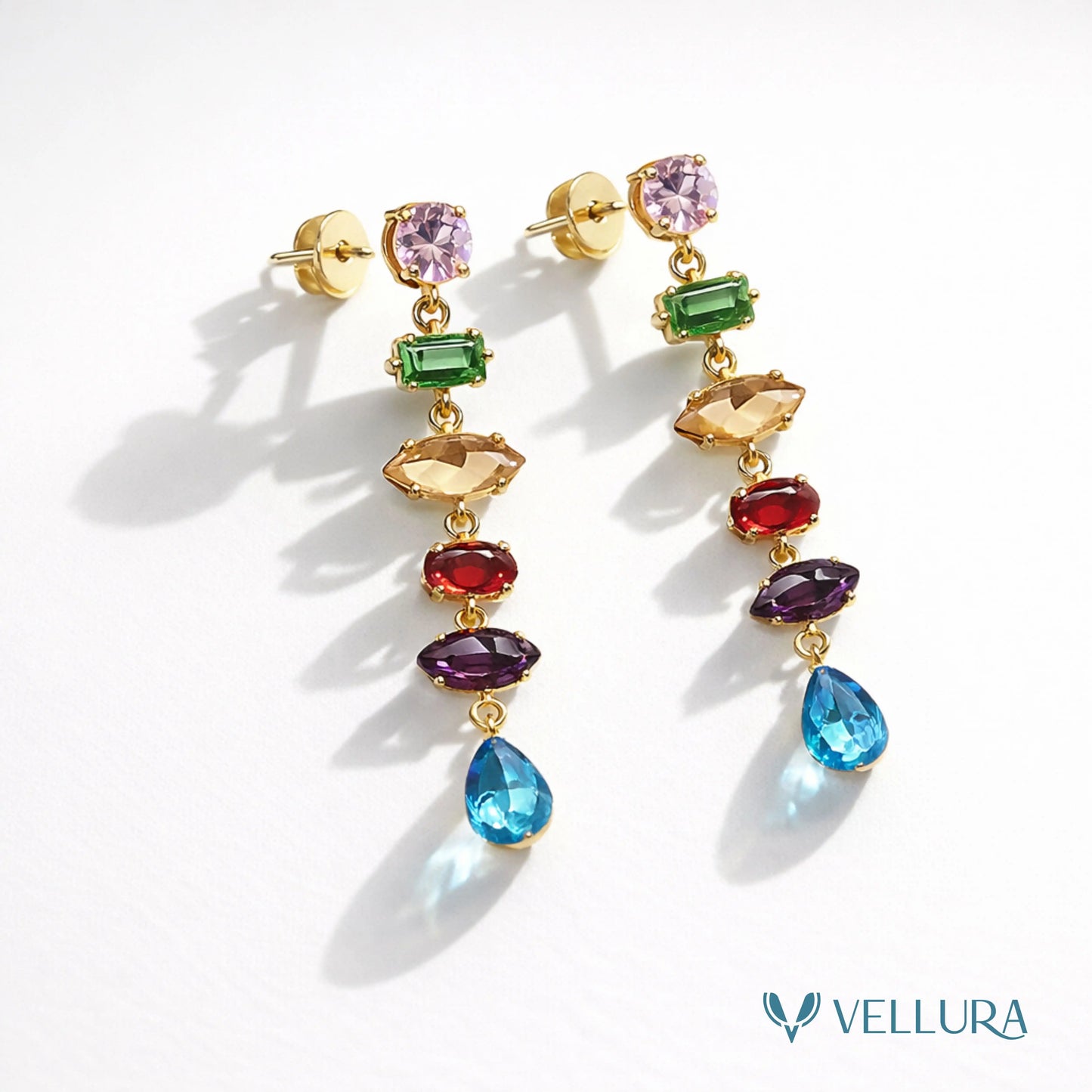 Gold Multi-Color Gemstone Drop Earrings