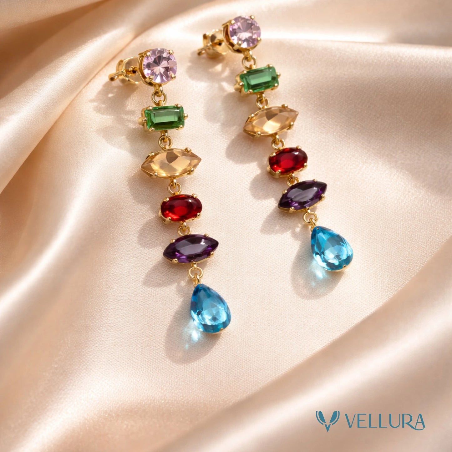 Gold Multi-Color Gemstone Drop Earrings