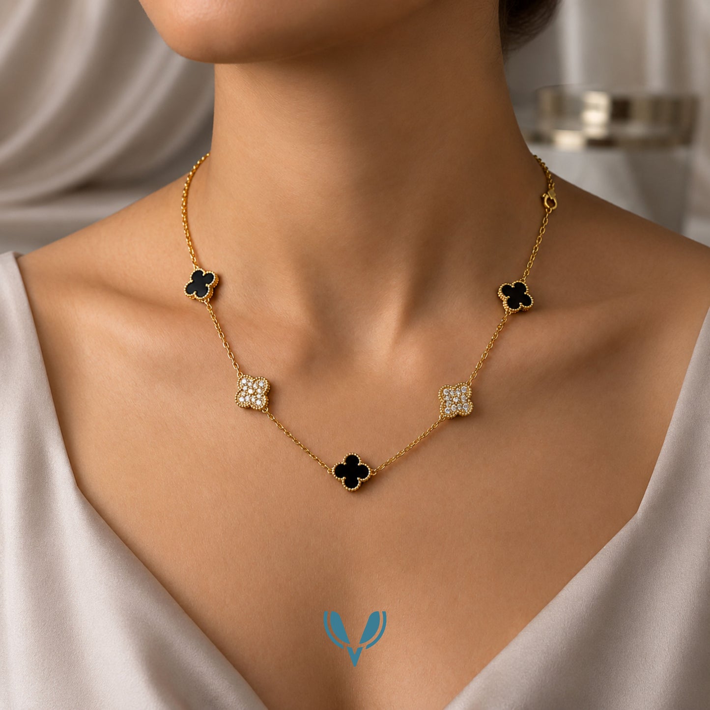 5 Motif's Black Studded Necklace-Adjustable