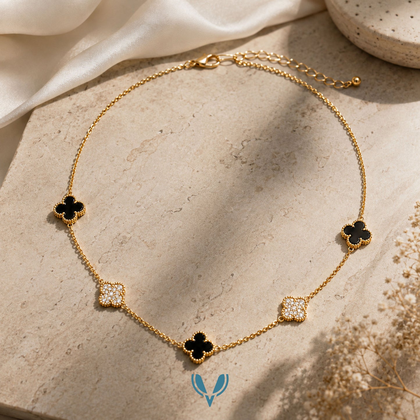 5 Motif's Black Studded Necklace-Adjustable