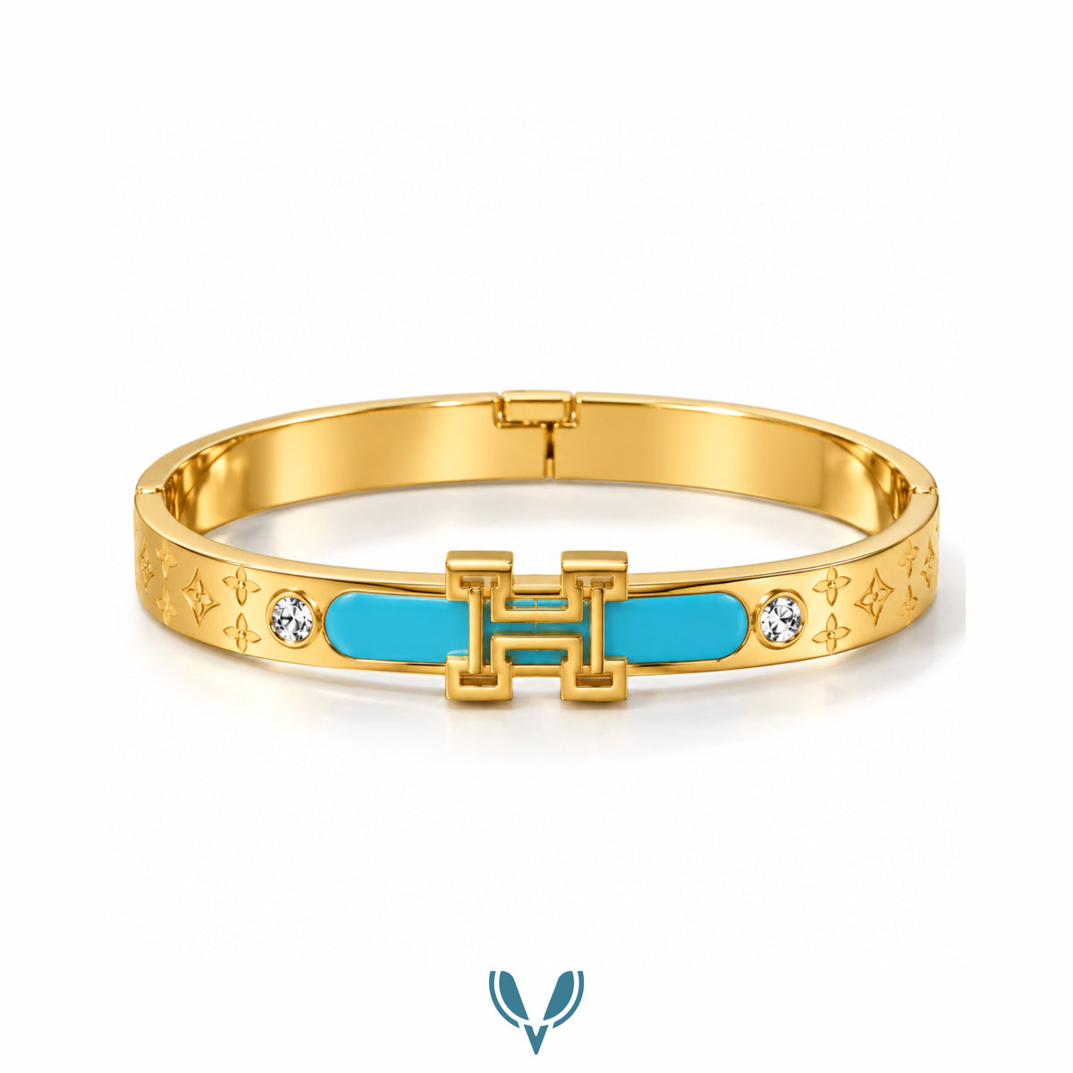 H-Motif Turquoise Enamel CZ Bangle Bracelet