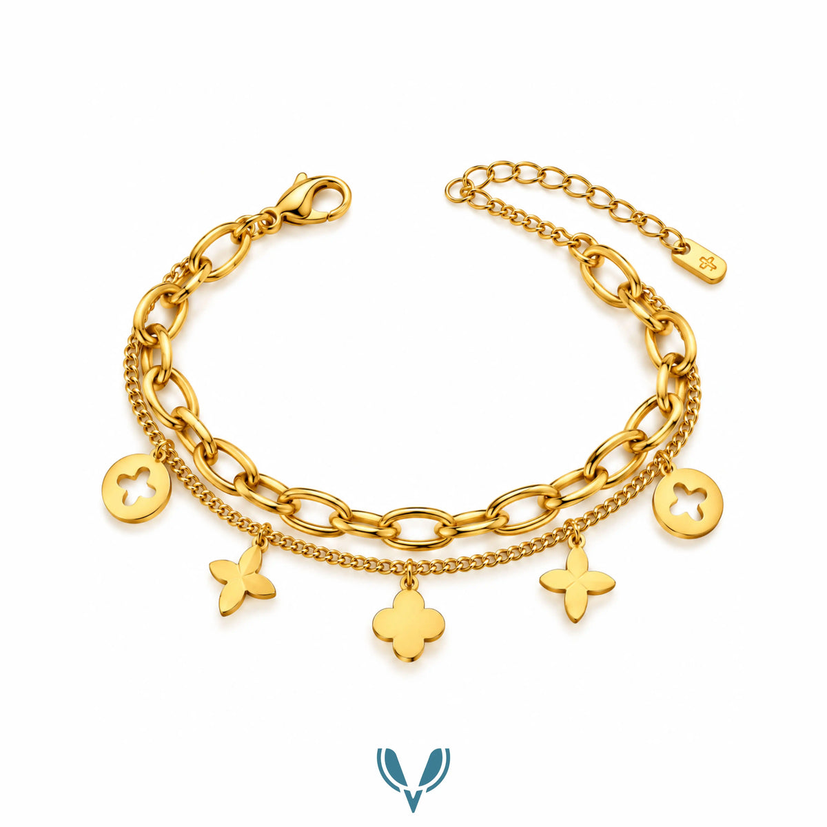 Gold Floral Charm Layered Bracelet