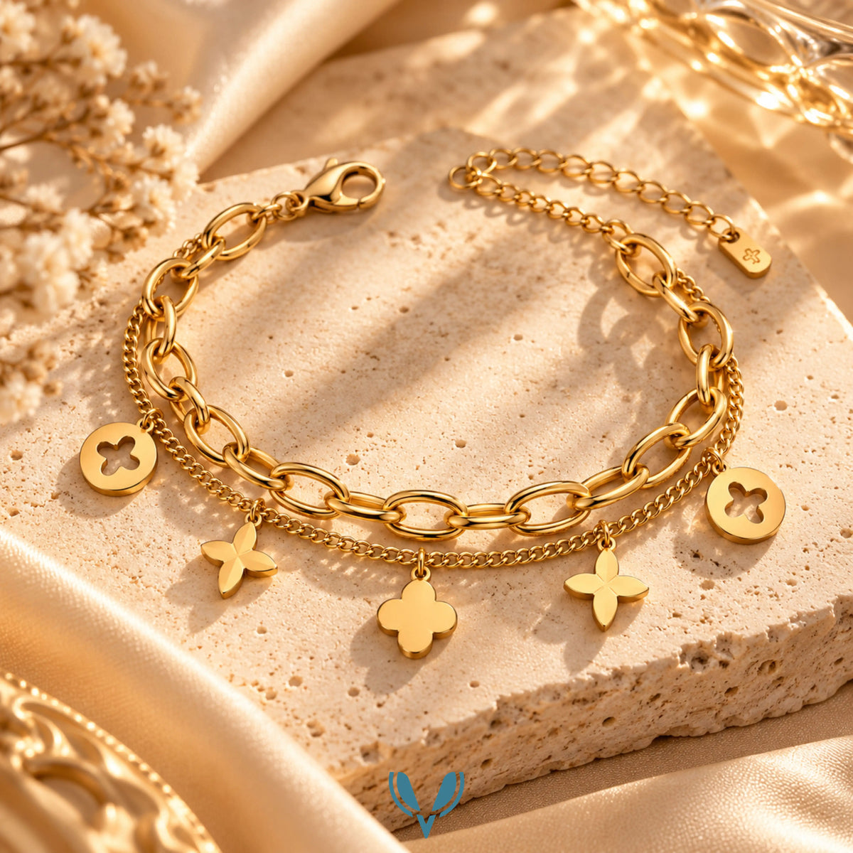 Gold Floral Charm Layered Bracelet