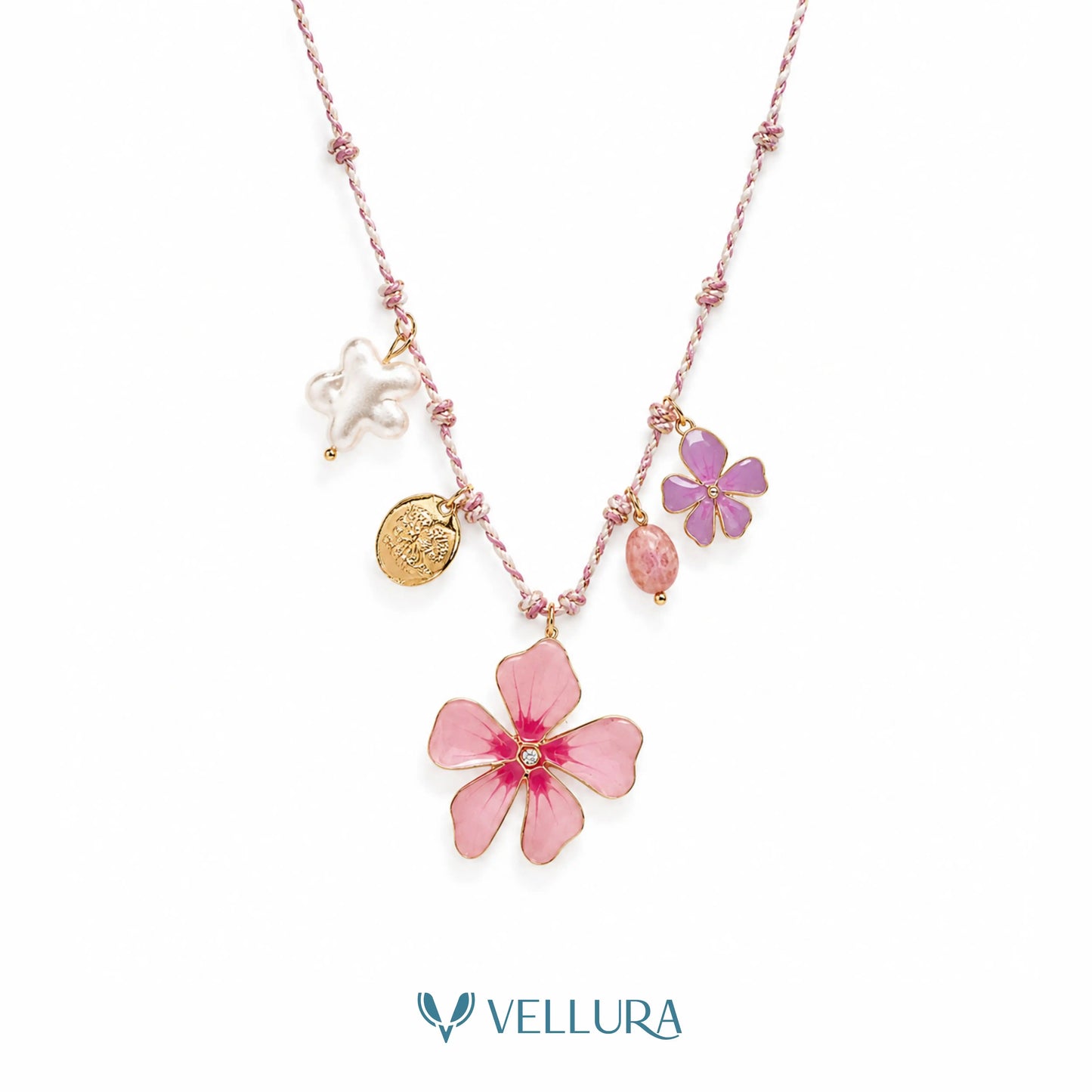Chunky Pink Floral Charm Necklace