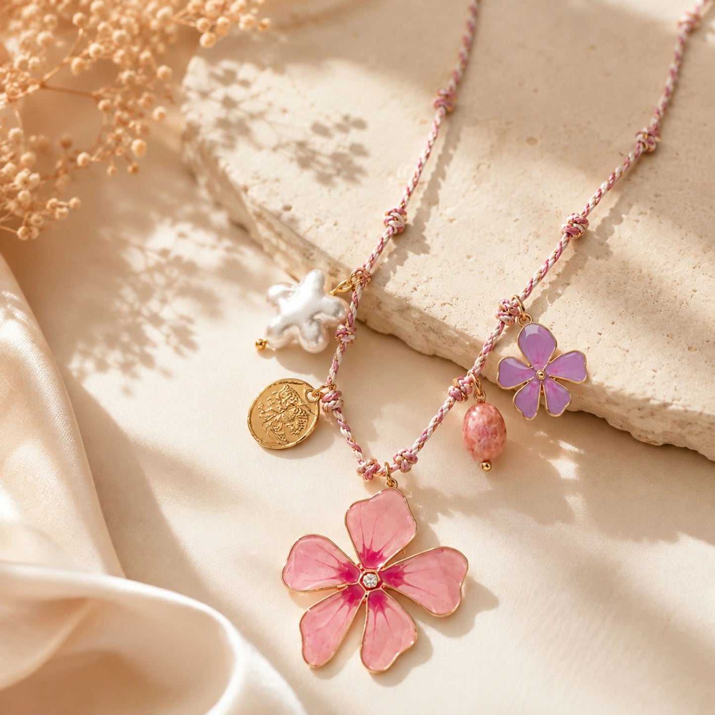 Chunky Pink Floral Charm Necklace