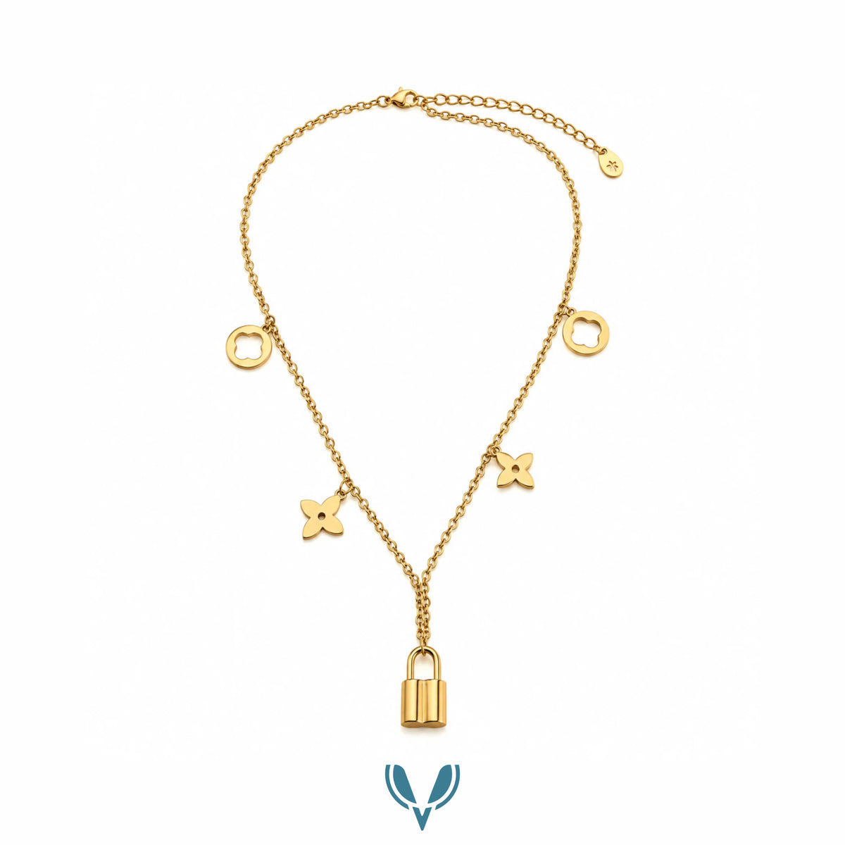 Lv' Inspired Floral Charm Lock Pendant Necklace