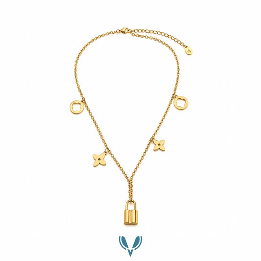 ŁV'' Inspired Floral Charm Lock Pendant Necklace