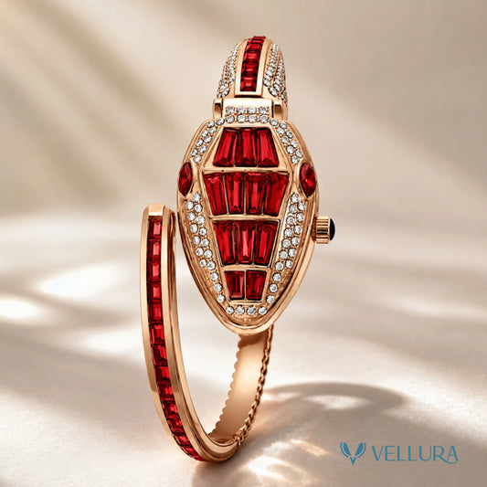 Rose Gold Serpent Watch with Ruby & Emerald Accents